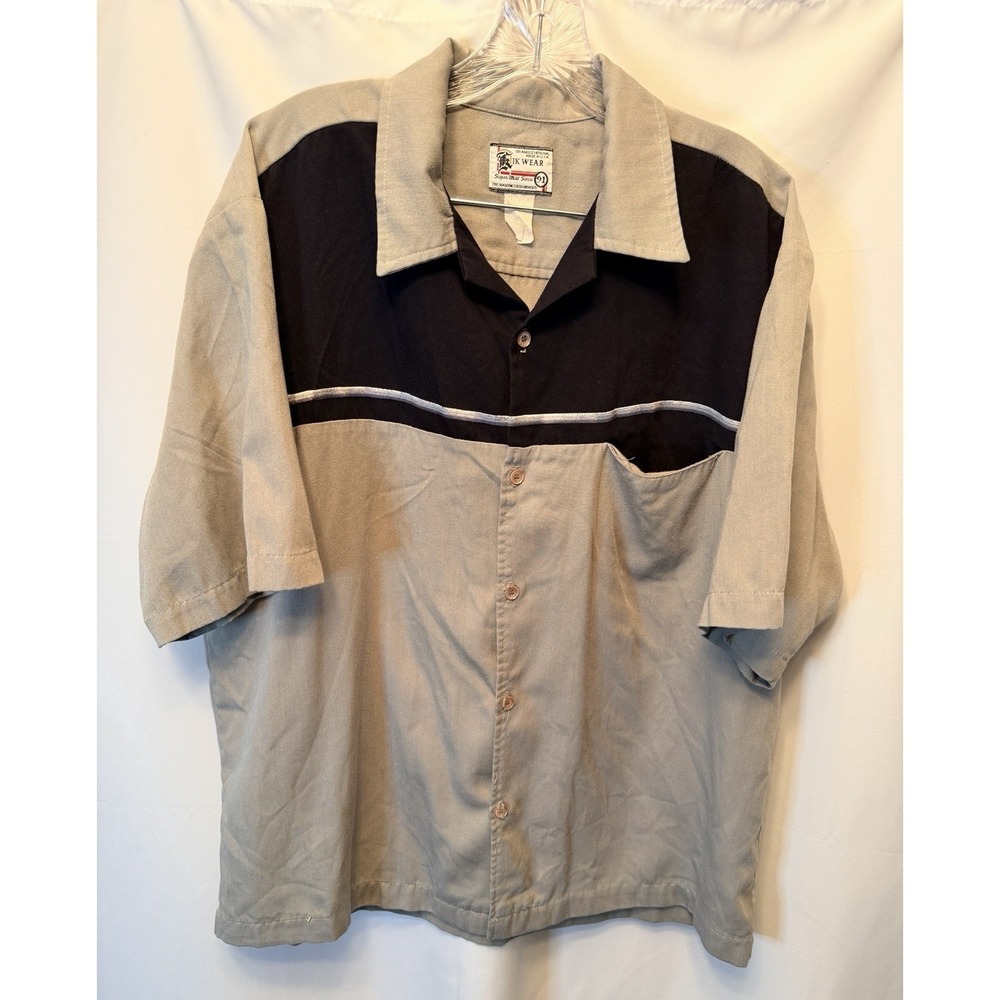 Vintage Kik Wear Size XL Camp Bowling Shirt Black Gray Colorblock Made In USA